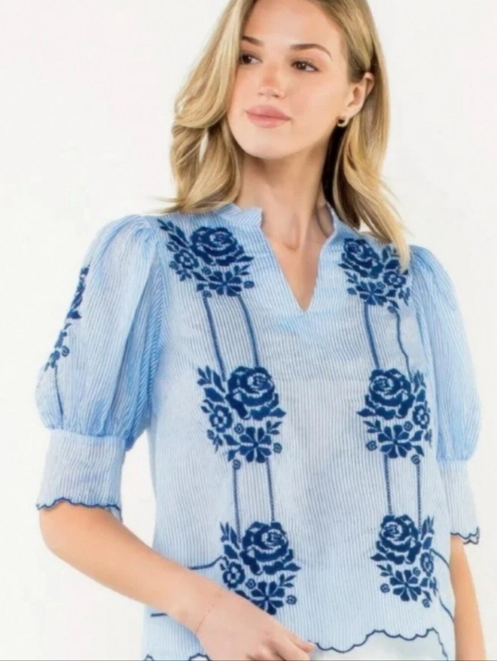 Size THML Embroidered Top Sz Small Pinstripe Blue & White Puff Sleeve Resort S
